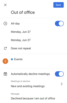 Out of Office settings on mobile