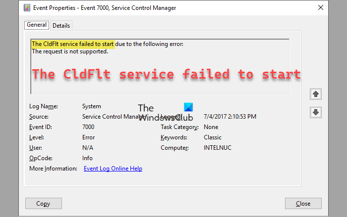 The CldFlt service failed to start