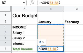 SUM function for the income total