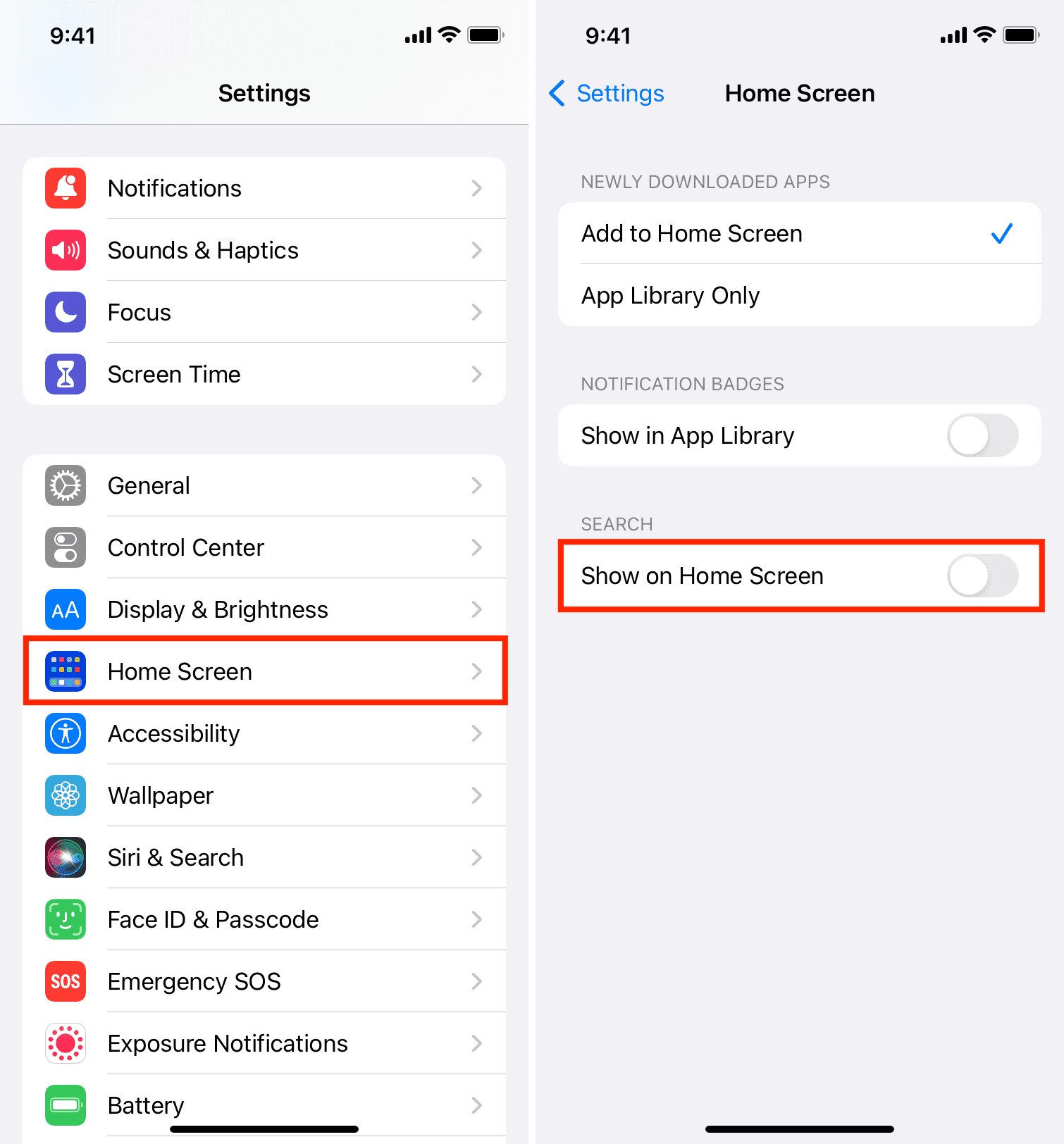Turn off Show on Home Screen on iPhone to hide the search button