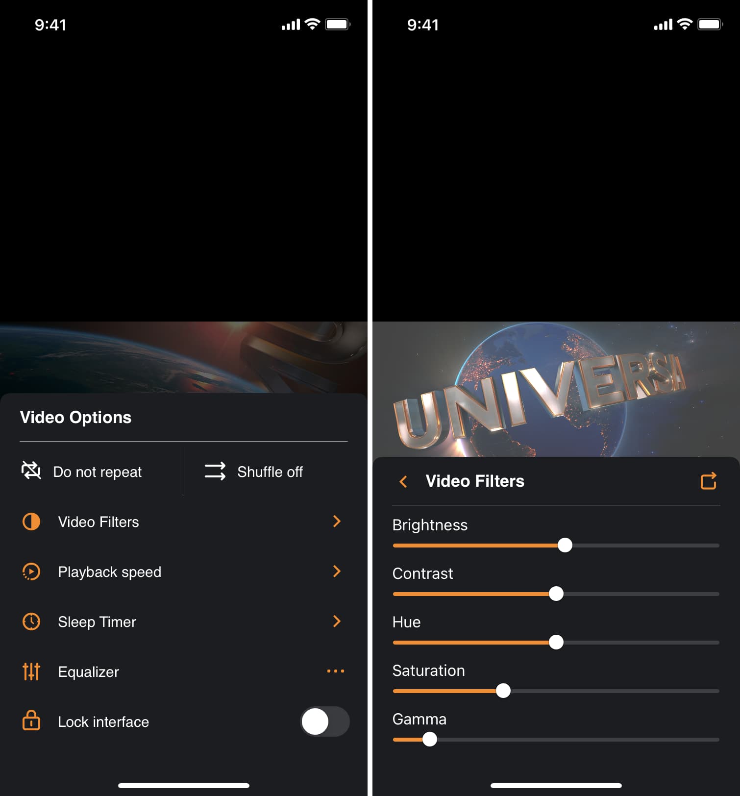 Video controls inside the VLC app on iPhone