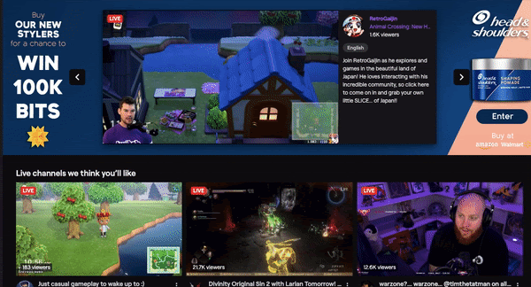 Example of a Twitch homepage.