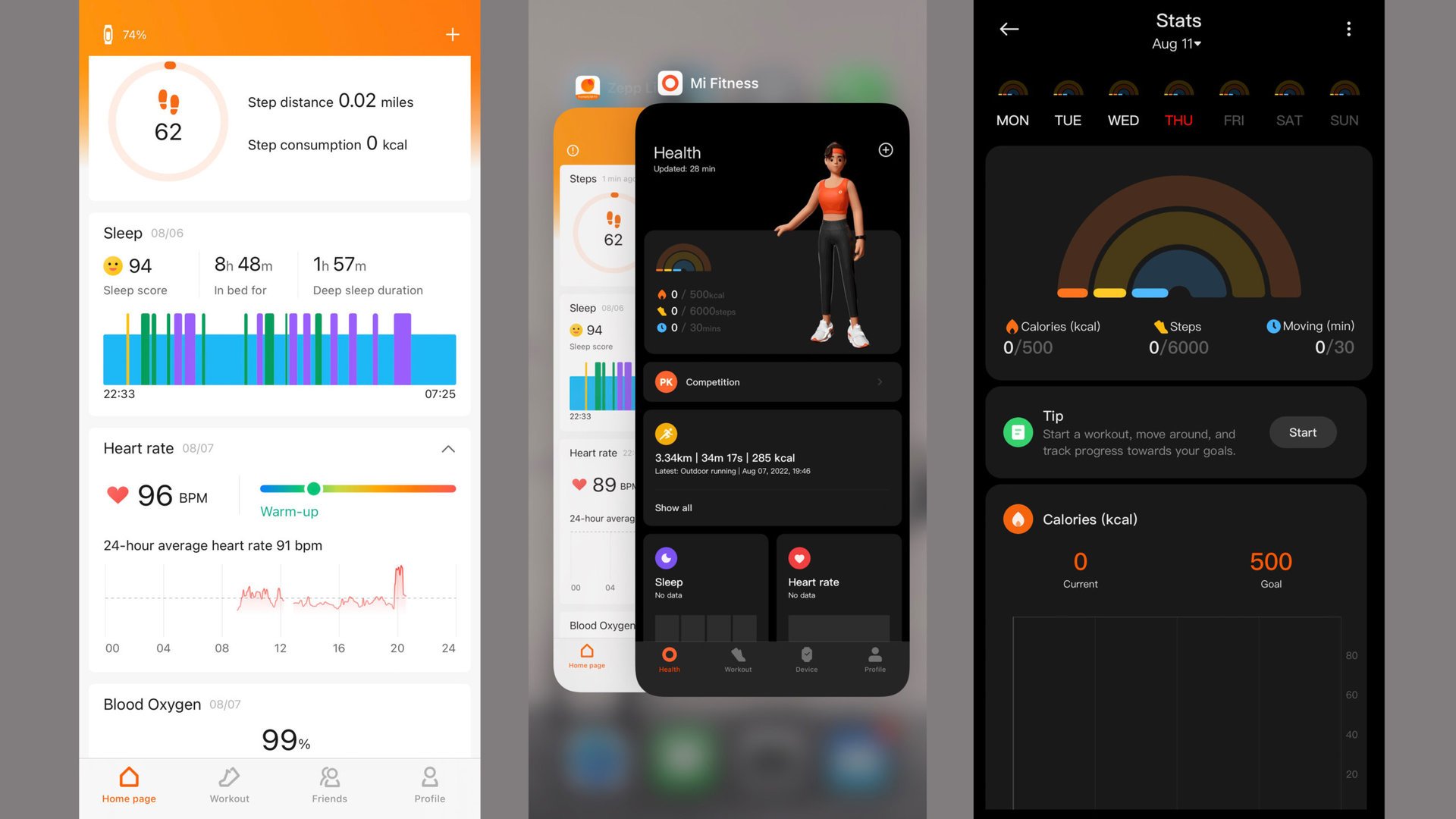 Images from the Mi Fitness and Zepp Life app display two options for managing user data collected on a Xiaomi Mi Band 7.