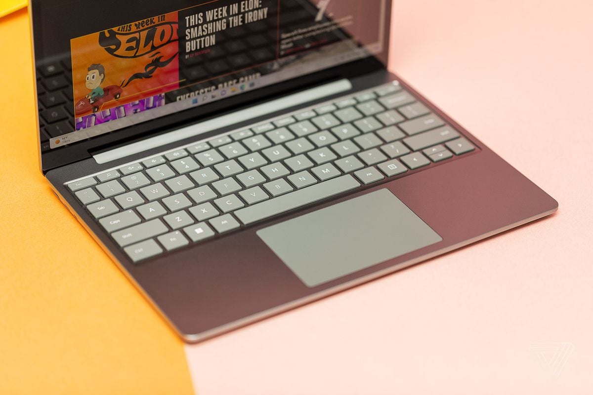 A three quarter view of the Surface Laptop Go 2’s keyboard and trackpad.