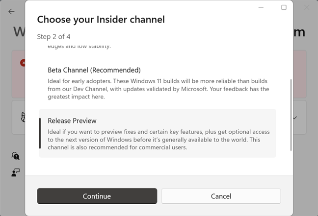 Select the Insider Channel you'd like to use. 