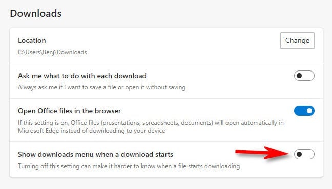 In Download settings, flip the switch beside "Show downloads menu when a download starts" into the off position (when it is no longer highlit).