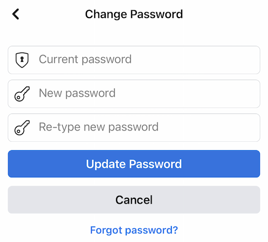 Enter your current password, new passwords, and tap "Update Password"
