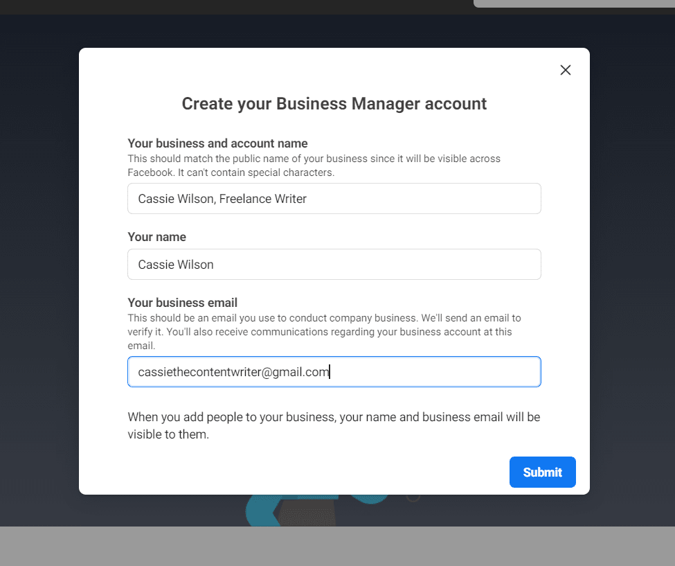 how to use facebook meta business manager: enter business details
