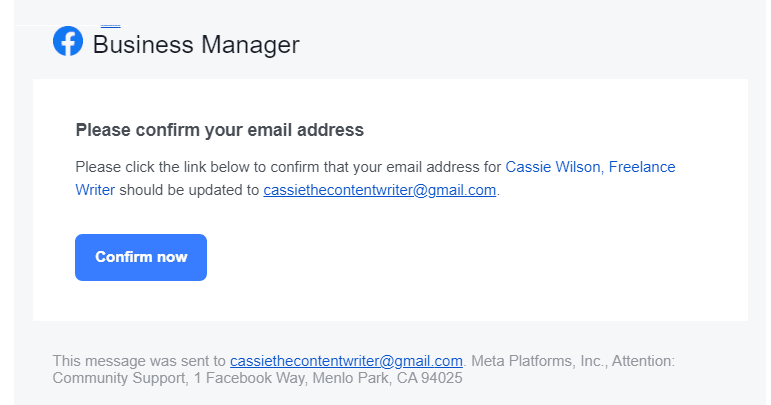 how to use facebook meta business manager: gmail confirmation