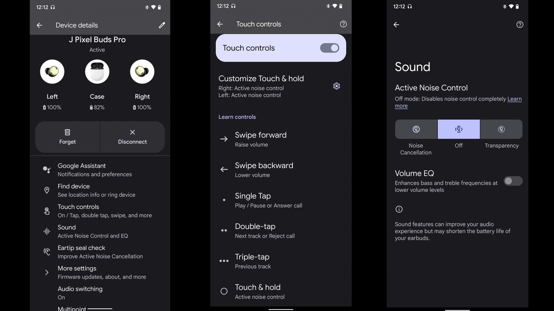 Three screenshots of the Google Pixel Buds Pro settings app showing, from left to right, the "Device details" page the "Touch controls" page, and the "Sound" settings page.