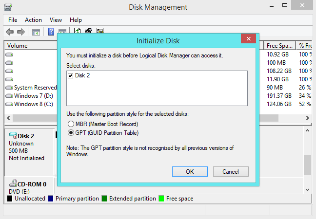 Choose between MBR and GPT when initializing a new drive. 
