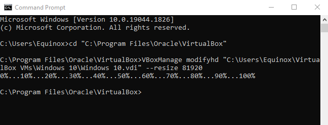 Command Prompt command resizing the virtual drive. 