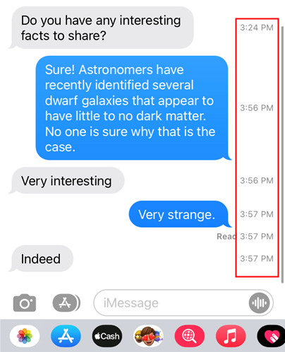 The times iMessages were sent highlighted with a red box.