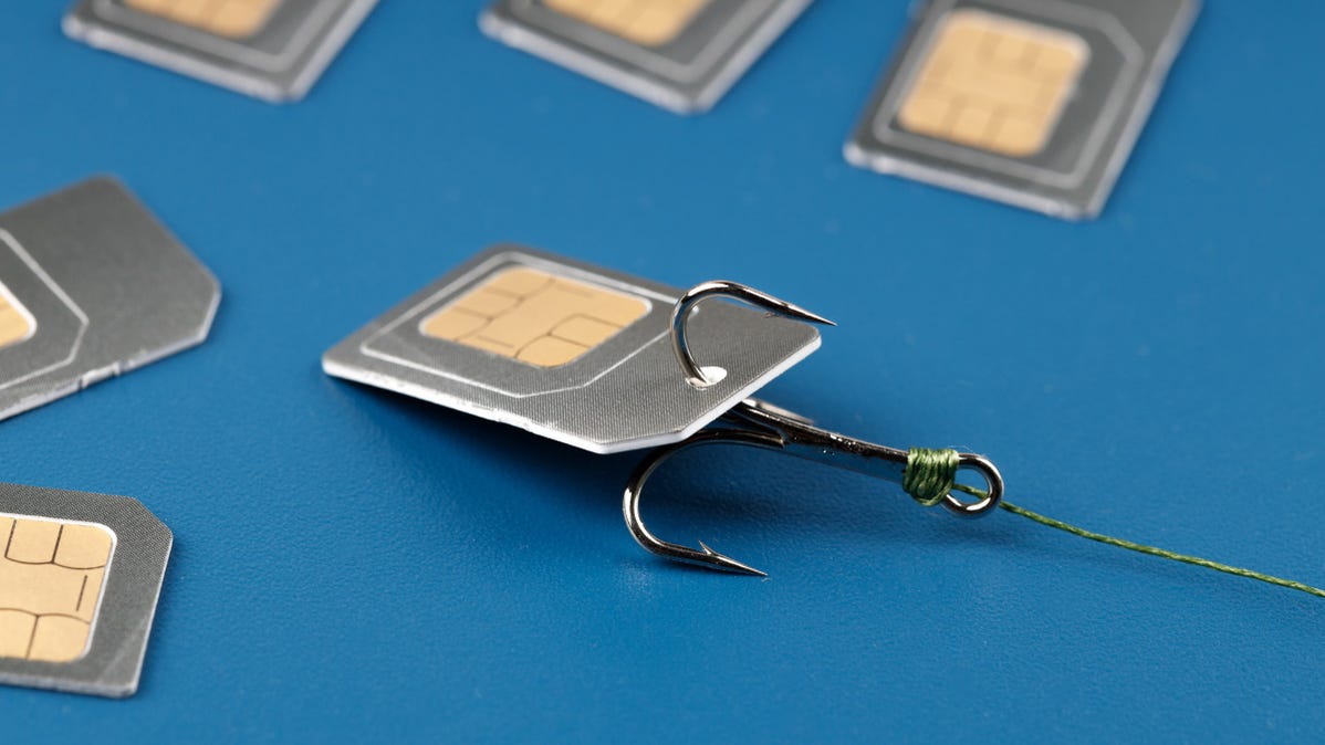 A fish hook inside a SIM card, representing phishing.