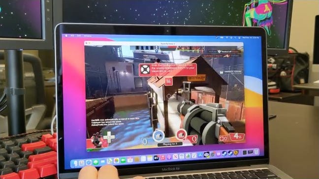 The Windows version of Team Fortress 2 running on an M1 Mac through CodeWeavers CrossOver.