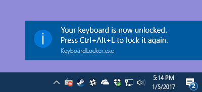 A popup from Keyboard Locker indicating that your keyboard is unlocked. 