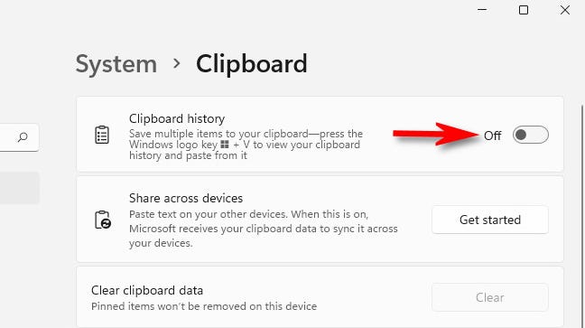 In Settings, flip the switch beside "Clipboard History" to the "Off" position.