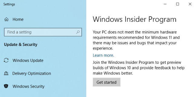 Windows Insider Program options.