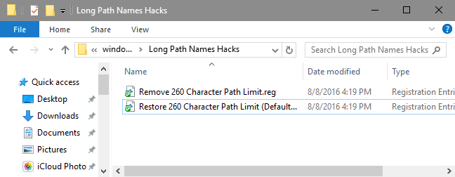 Two REG files. One enables file paths greater than 260 characters, the other restores the default Windows limitation. 