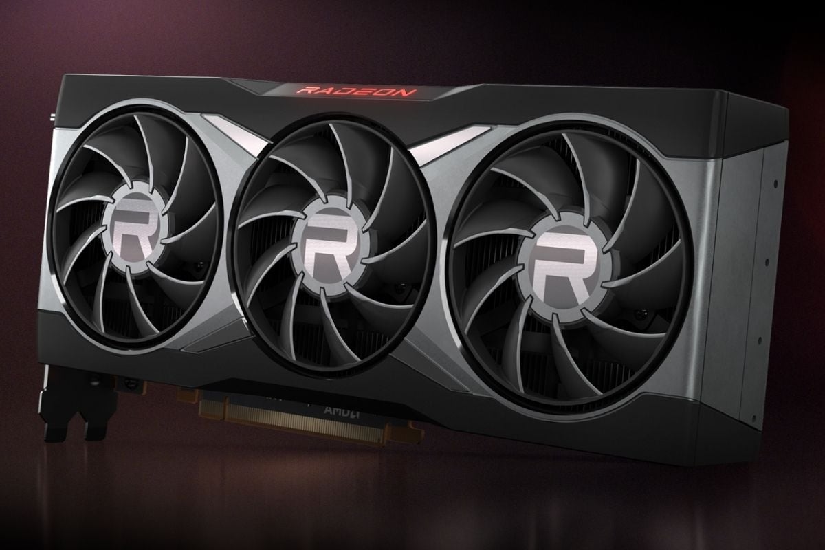 AMD Radeon RX 5800 XT GPU with three fans sitting on a brown background