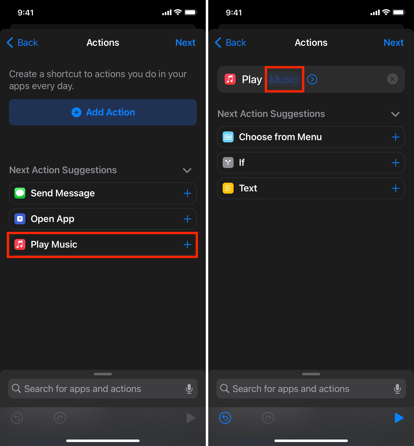 Add Play Music action to shortcut