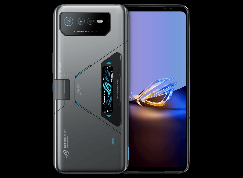 Asus ROG Phone 6D Ultimate front and back on gray background.