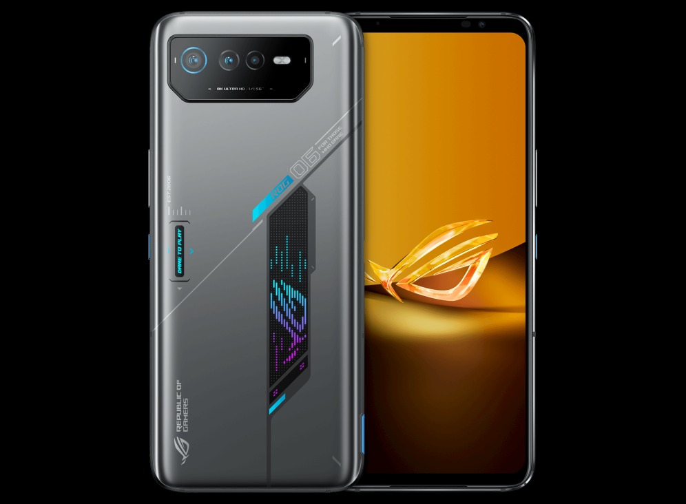 Asus ROG Phone 6D front and back on gray background.