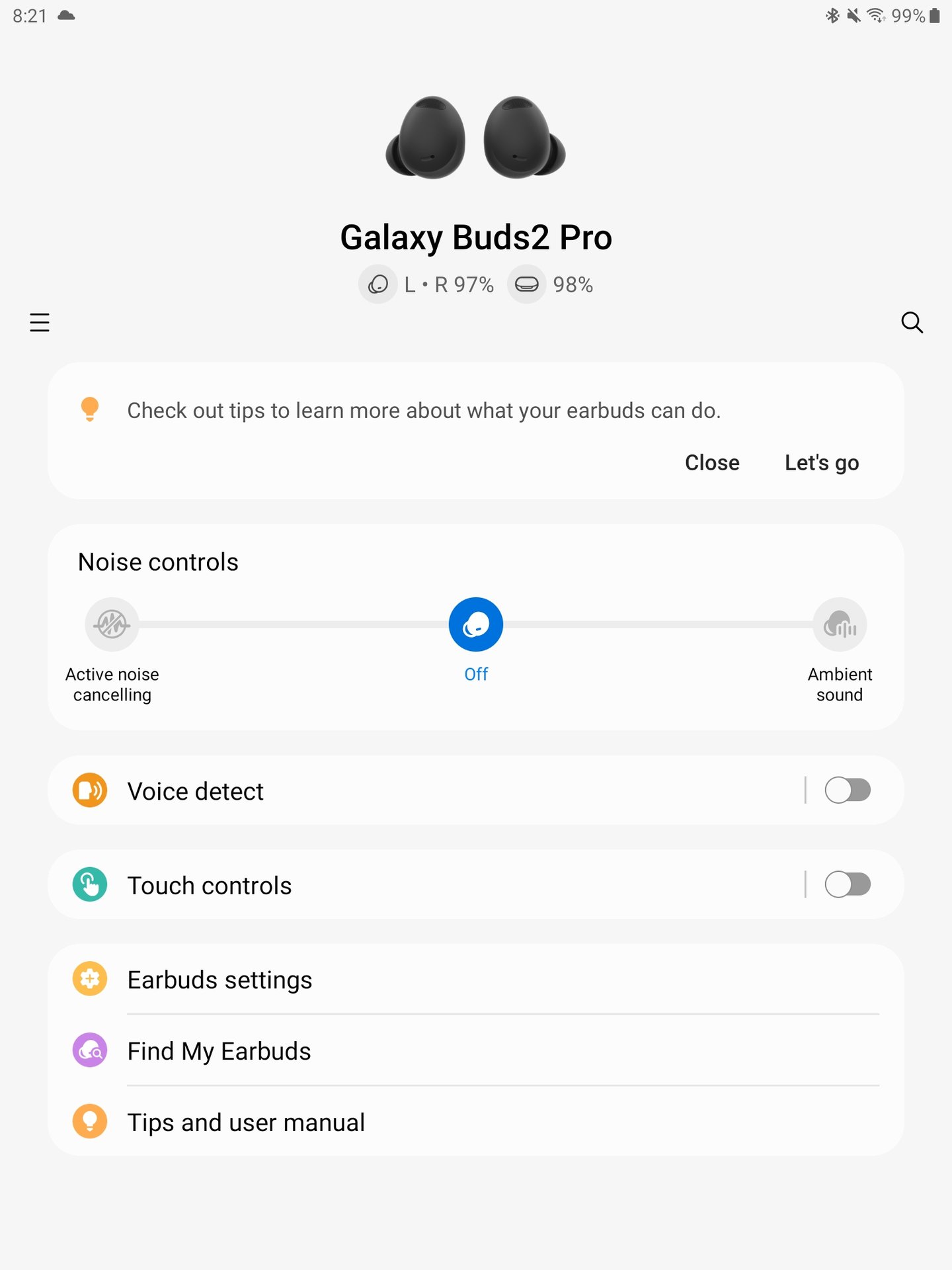 A screenshot of the Samsung Wearable App showing the Galaxy Buds 2 Pro connected showing the home page with the main options to control the buds and the current ANC mode.