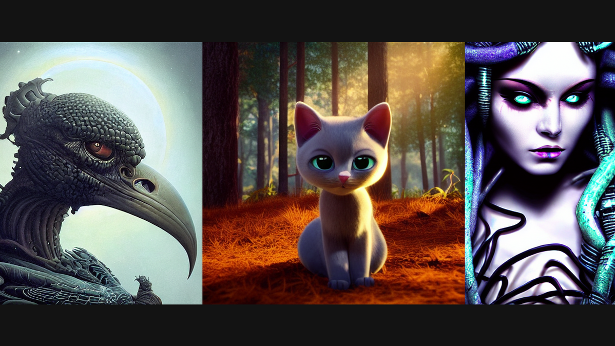 Header image. Weird vulture thing, cute grey cat, and a cybernetic medusa. 