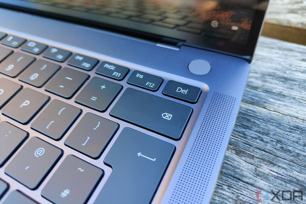 Close-up view of the keyboard, speaker grill, and power button on the Huawei MateBook X Pro