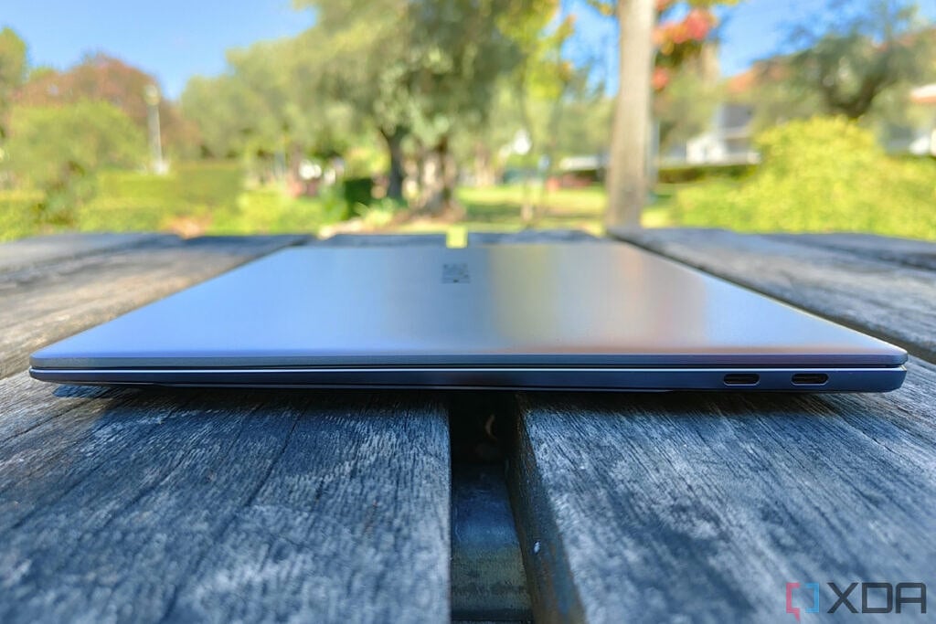 Left side view of the Huawei MateBook X Pro with the lid closed, showing two USB Type-C ports
