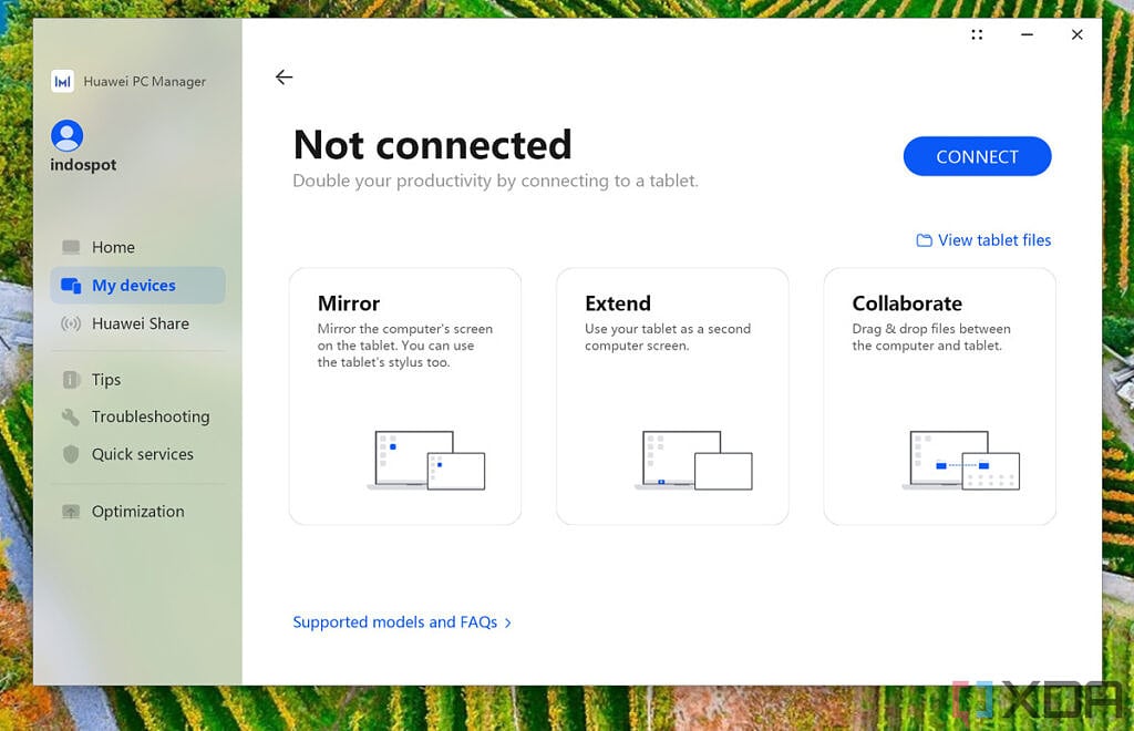 Screenshot of Huawei PC Manager showing the different modes in which a tablet can be connected to the laptop. These modes are Mirror, Extend, and Collaborate.