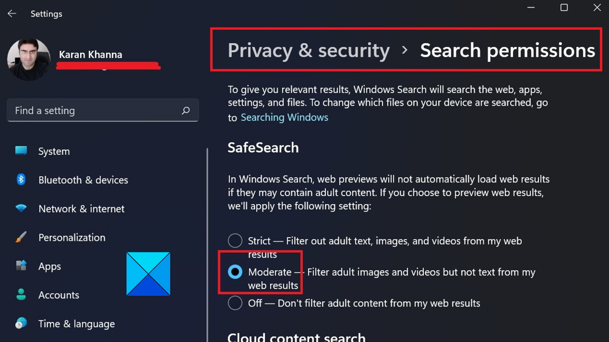 ค้นหาปลอดภัยจะไม่ปิดใน Windows 11