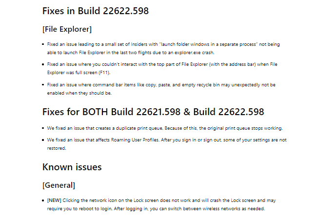 Build 22621.598 and Build 22622.598 fixes and known issues