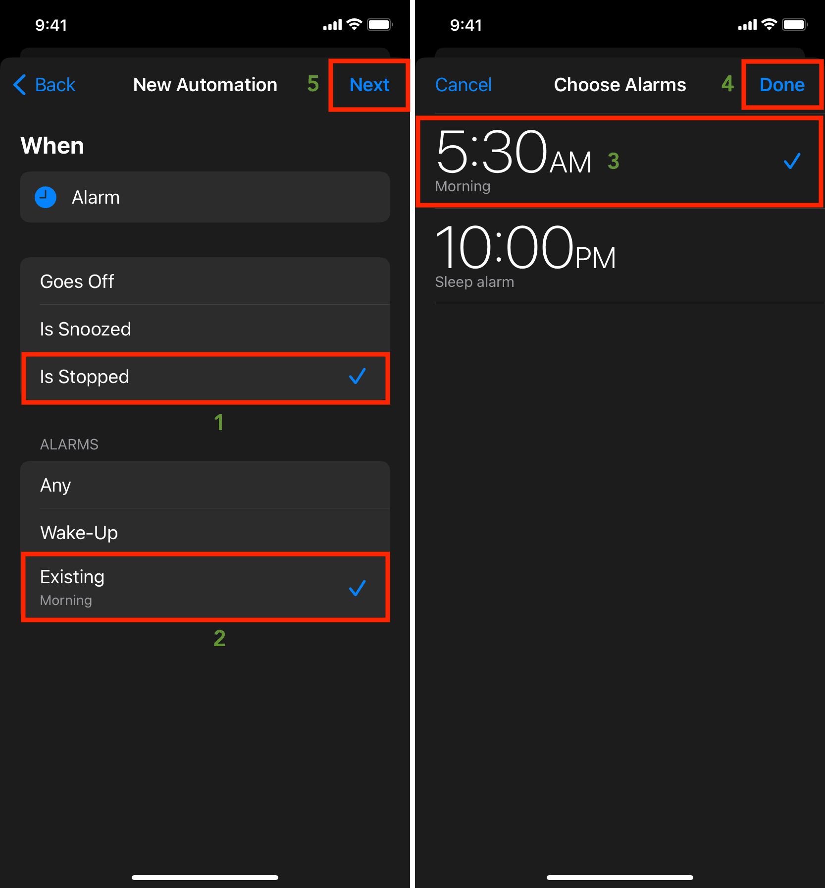 Select alarm in Shortcuts automation