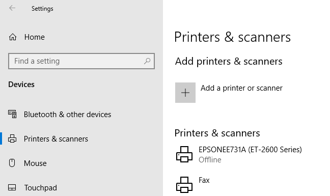 Access your Windows printer settings by right-clicking your Start Menu button, clicking Settings, then Devices > Printers & Scanners