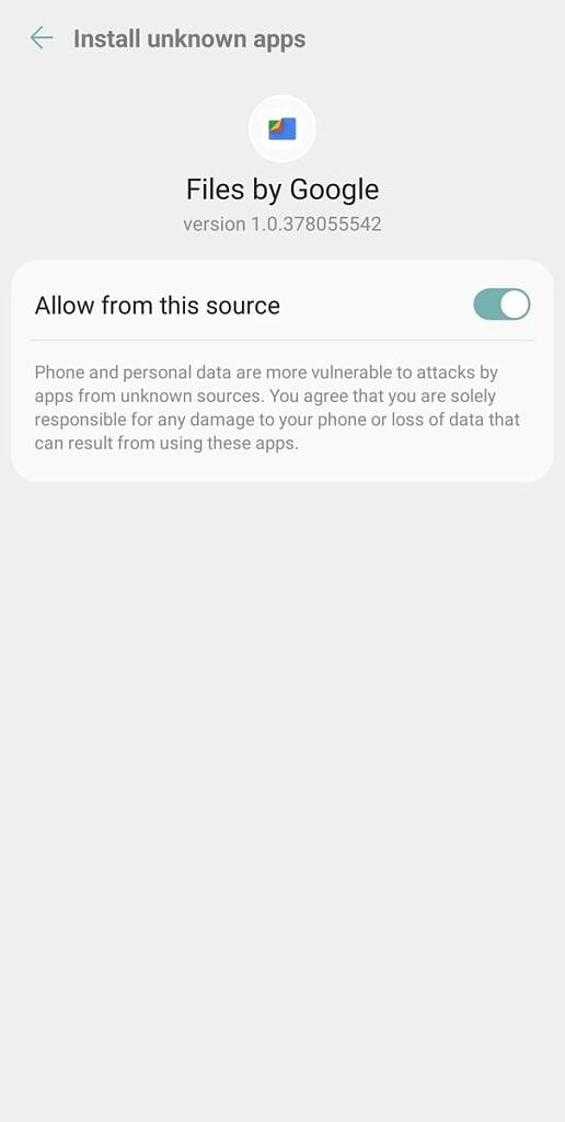 Permission setting to install unknown apps