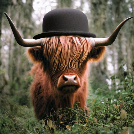 A highland cow with a bowler hat. 