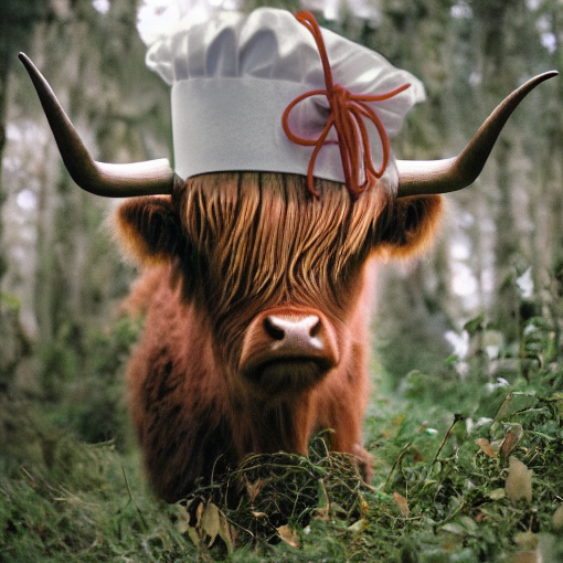 A highland cow with a chef's hat. 