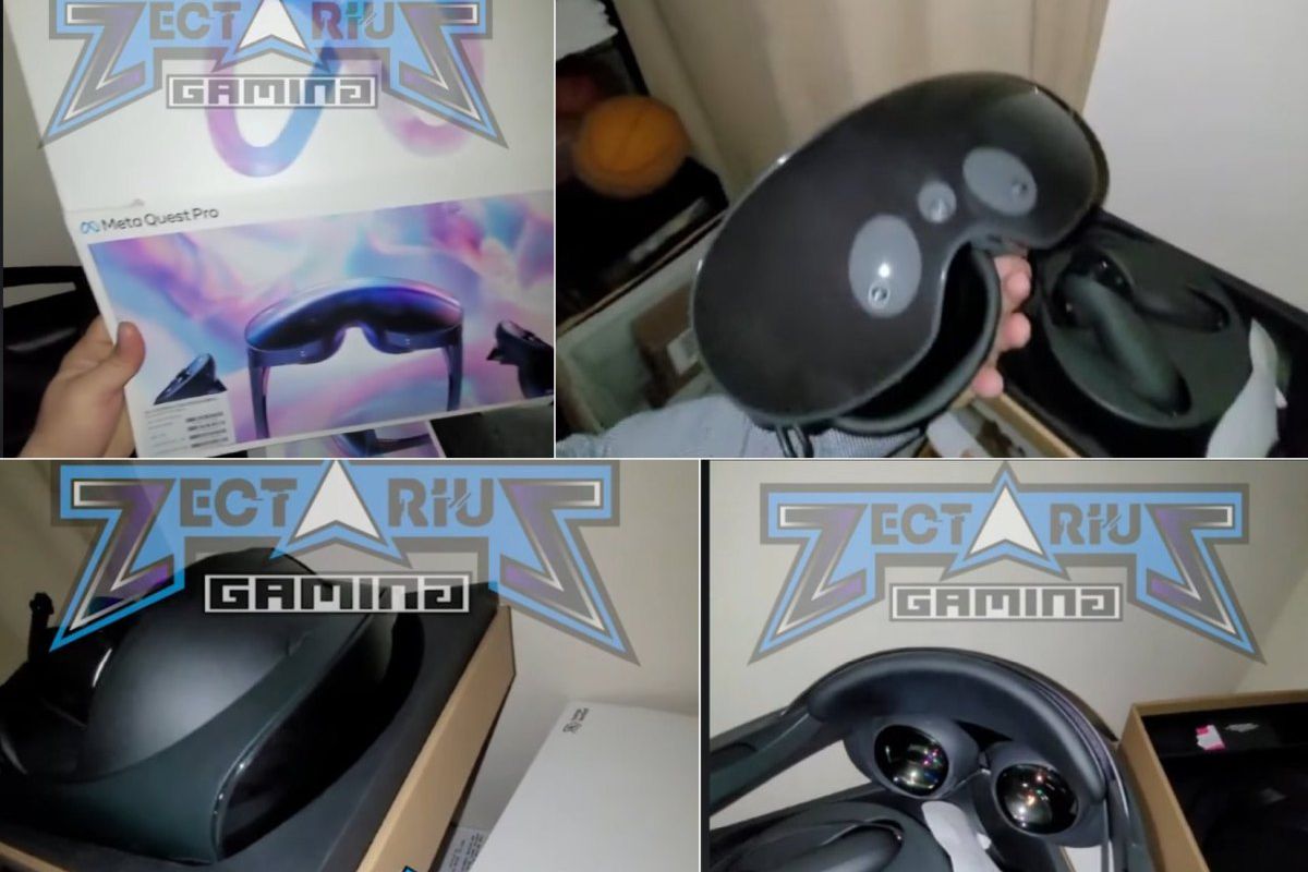 Screengrabs from hands-on video with a “Meta quest Pro” prototype VR headset, showing the packaging, the headset with three visible cameras on the front, and an inside shot showing the lenses.