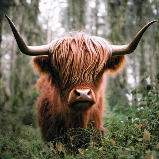 An adorable highland cow in a forest. 