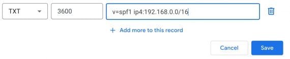 DNS ayarları arayüzündeki bir SPF kaydının ekran görüntüsü