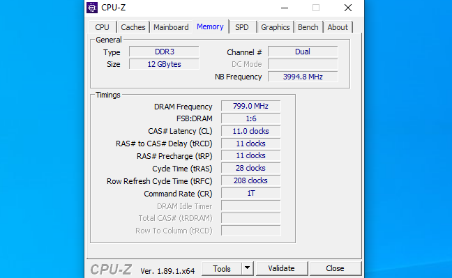 CPU-Z showing RAM timings