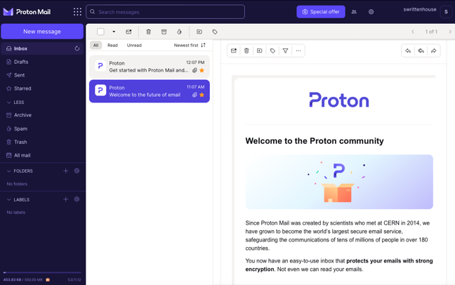 ProtonMail inbox on the web