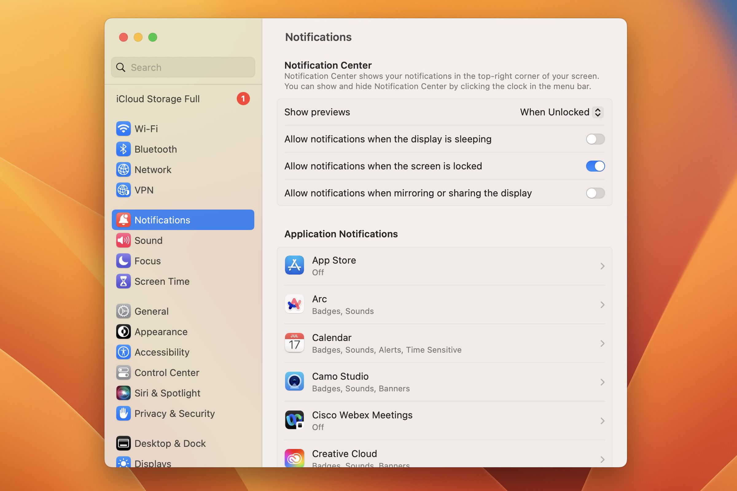 Notification settings in macOS Ventura.