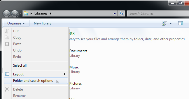 Open Windows Explorer, then go to Organize > Folder and Search options. 