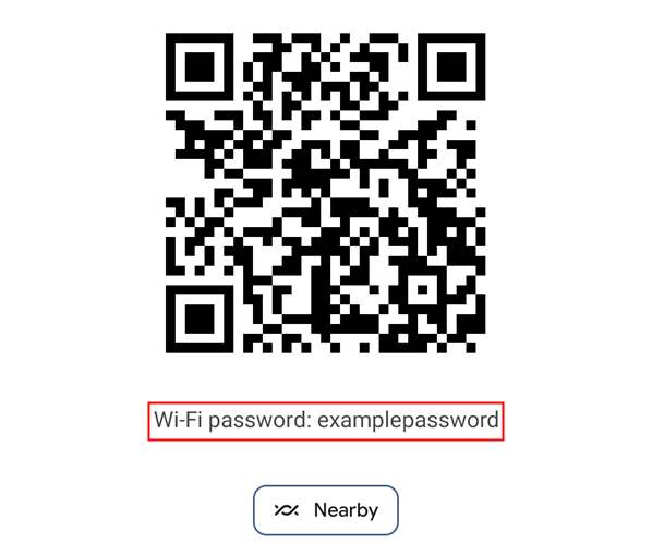 The Wi-Fi password is displayed in plaintext under a QR code. 