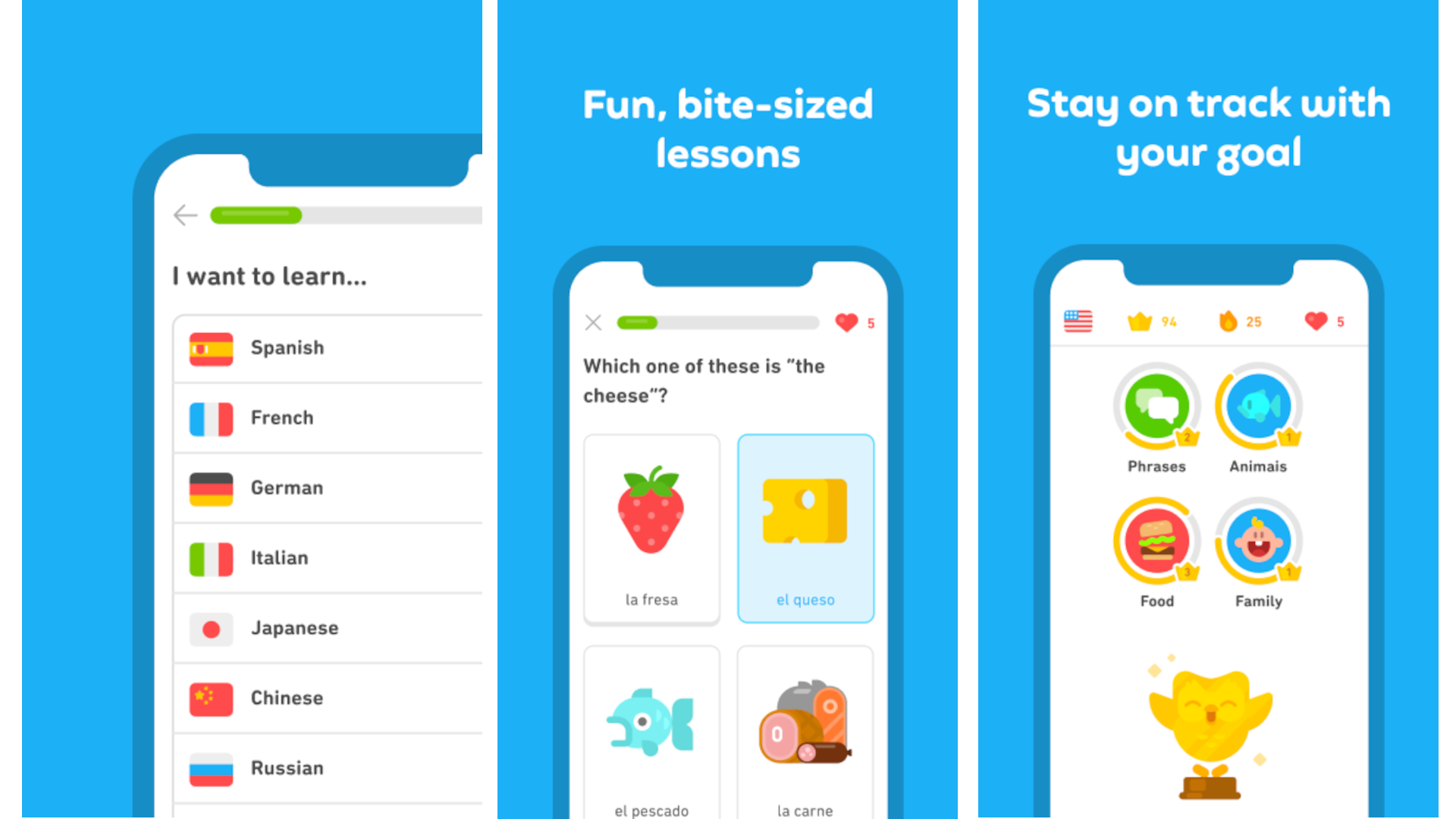 A series of images show the Duolingo app.
