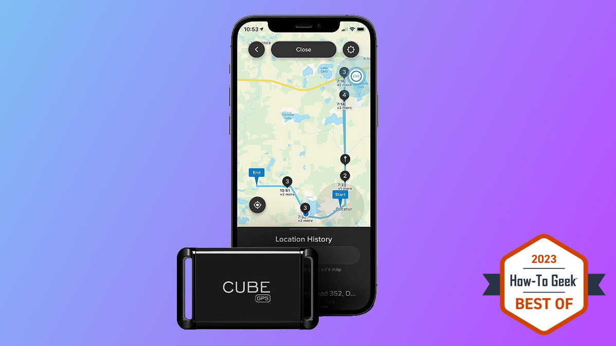 Cube GPS tracker on blue and purple background