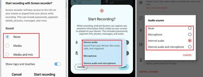 Opções de áudio para Samsung, Google e AZ Recorder.